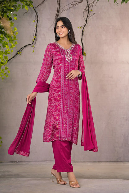Magenta Bandhej Muslin Silk Suit