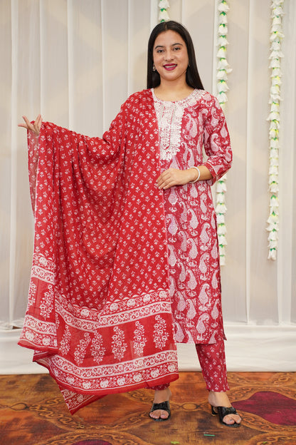 Crimson Red Cotton Suit Set