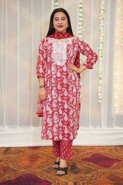 Crimson Red Cotton Suit Set