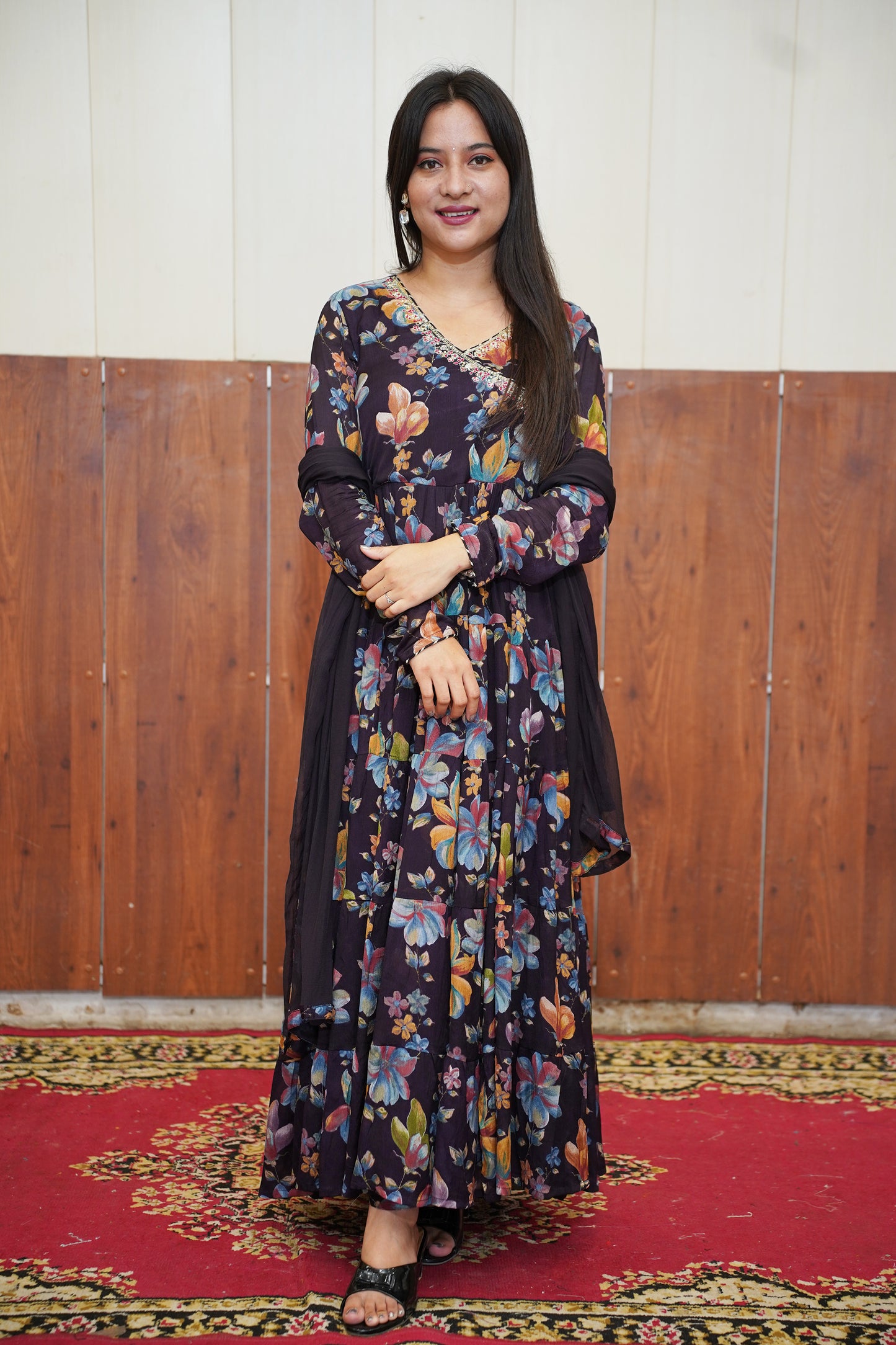 Navy Bloom Anarkali Set