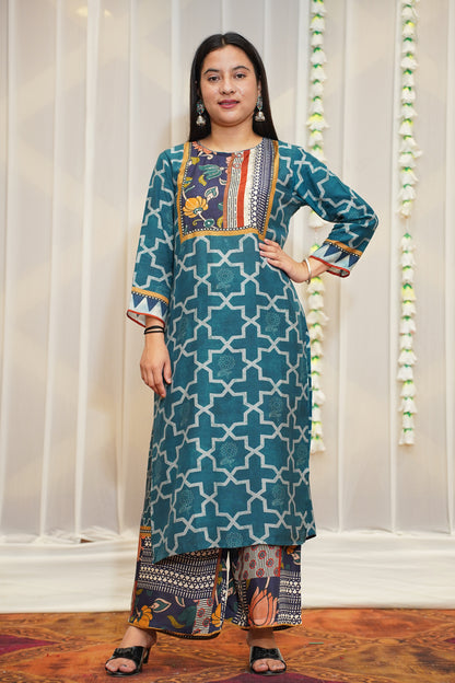 Peacock Blue Printed Kurta Set