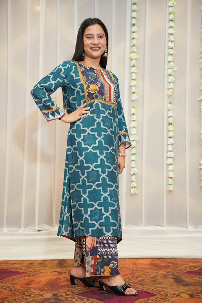 Peacock Blue Printed Kurta Set