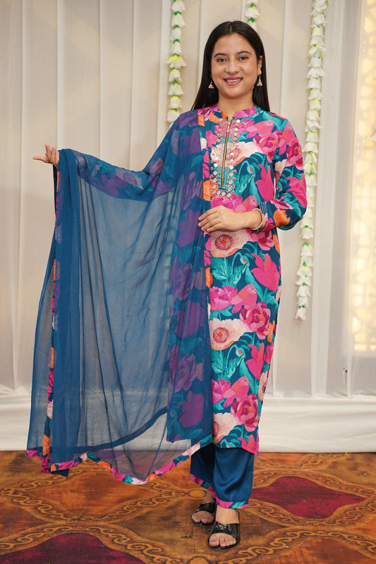 Peacock Blue Floral Suit Set