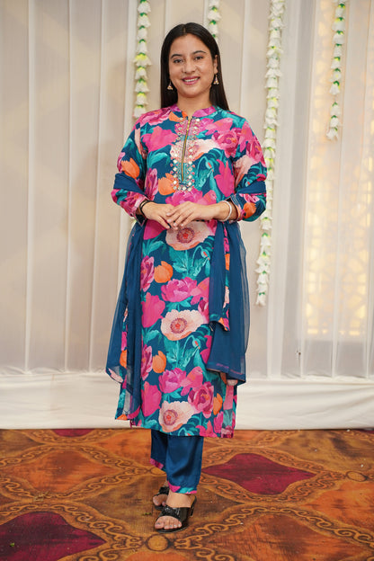 Peacock Blue Floral Suit Set