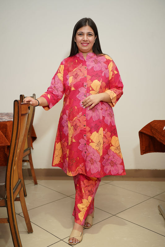 Pink A-line Floral Kurta Set