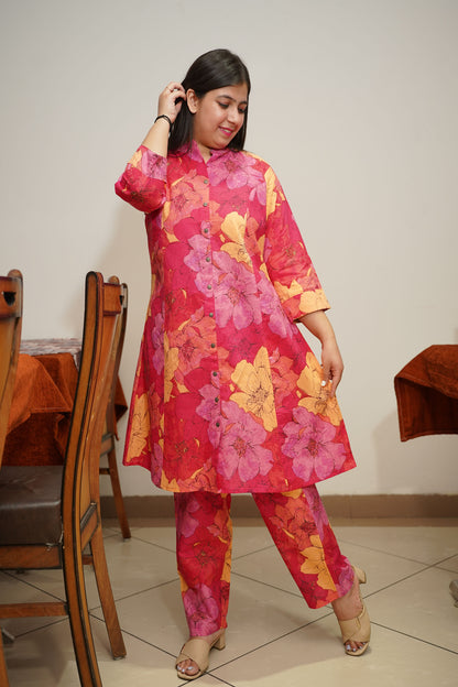 Pink A-line Floral Kurta Set