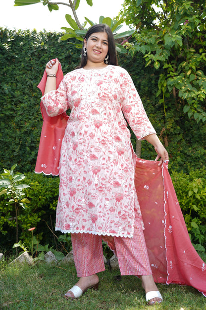 Pink White Cotton Suit Set