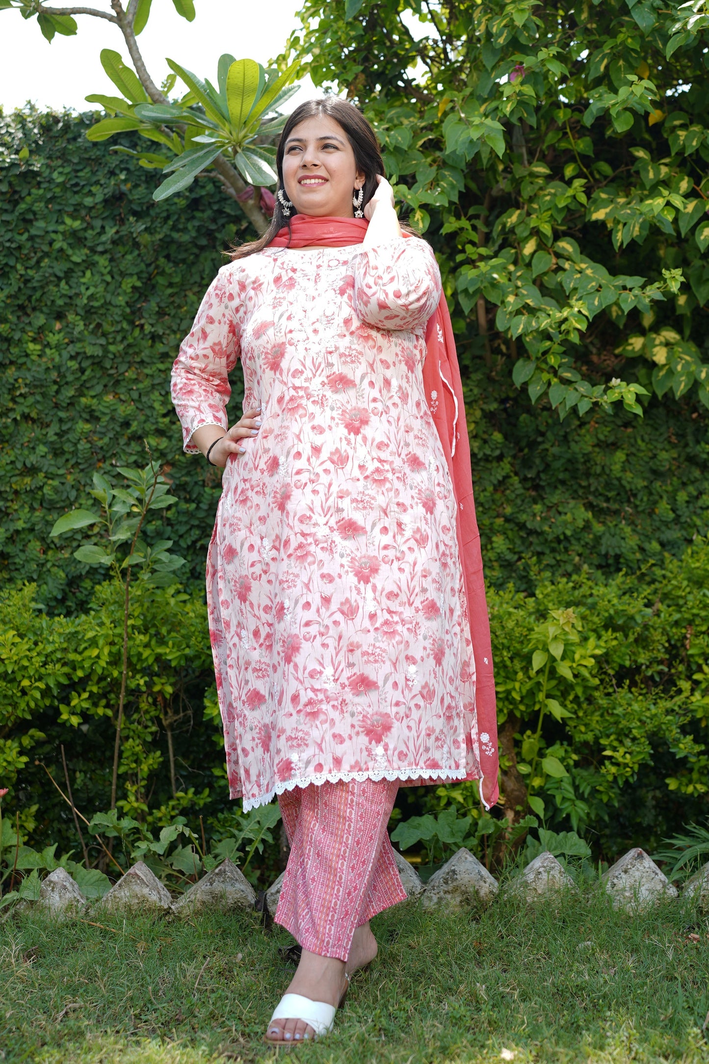 Pink White Cotton Suit Set