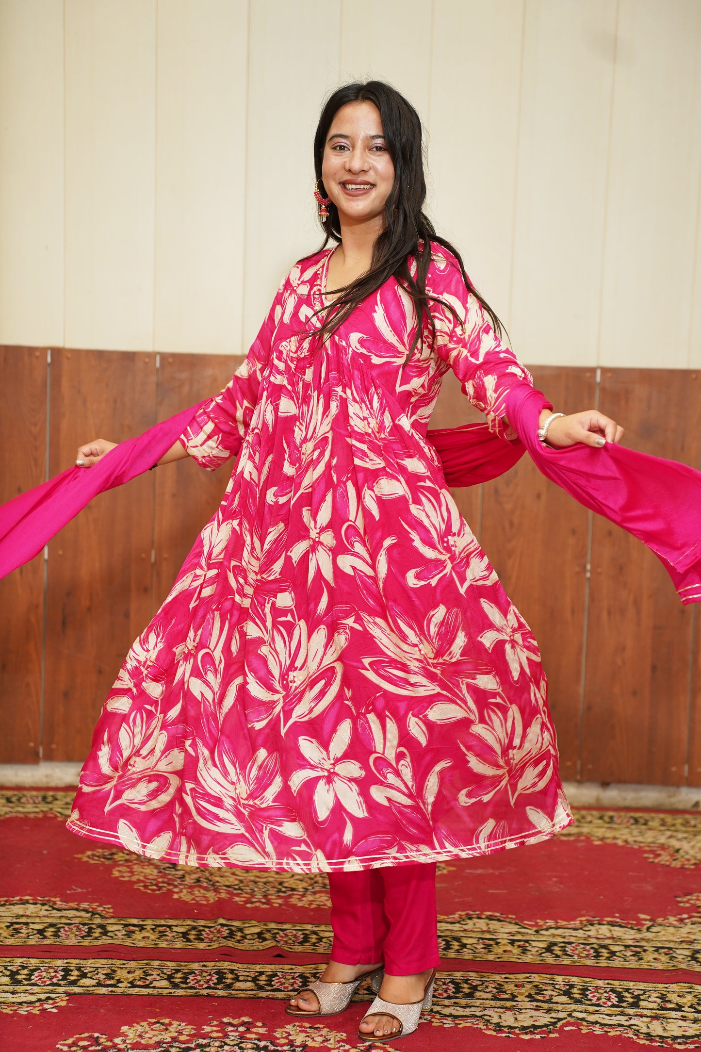 Pink Floral Anarkali Suit Set