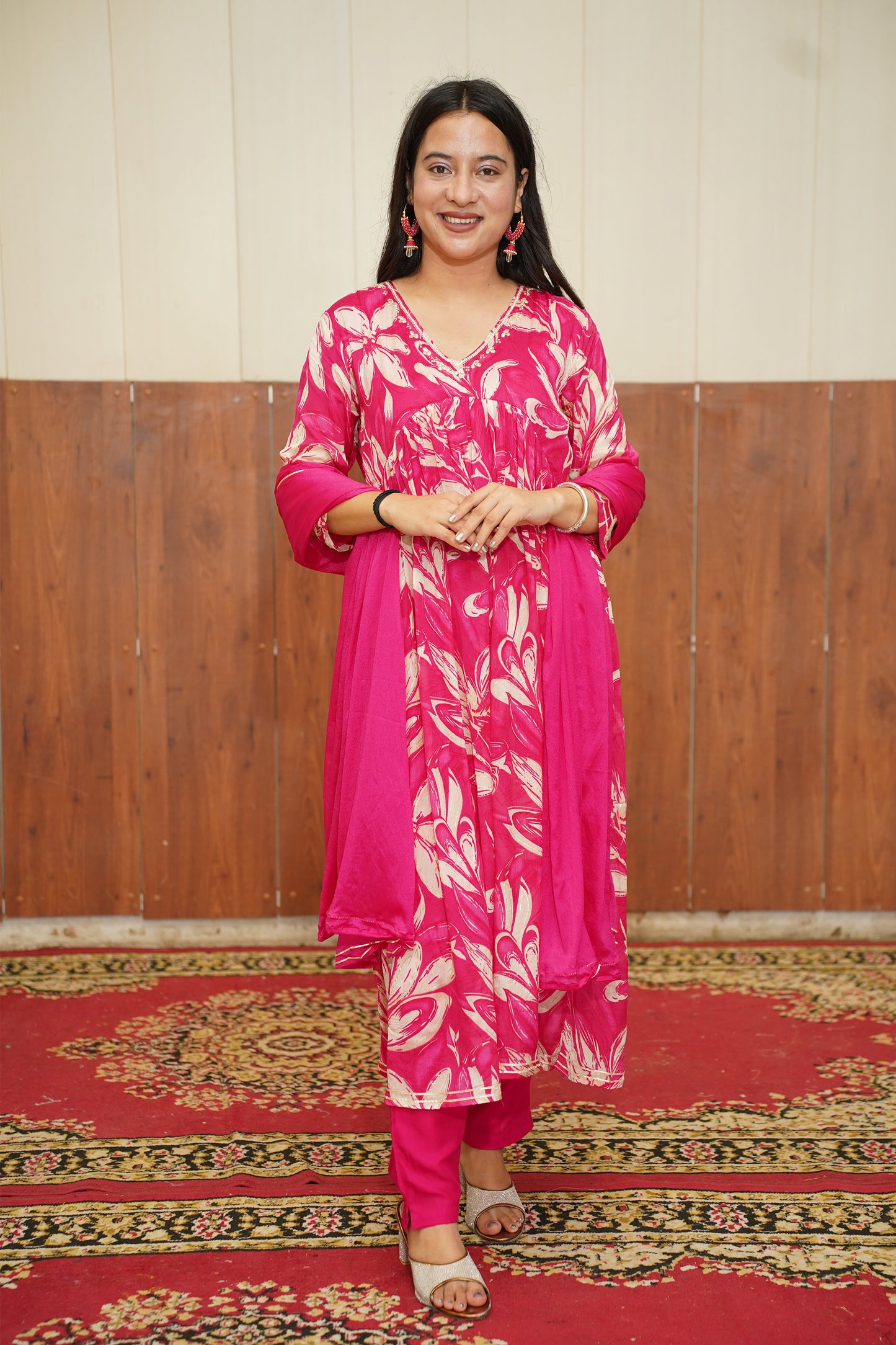 Pink Floral Anarkali Suit Set