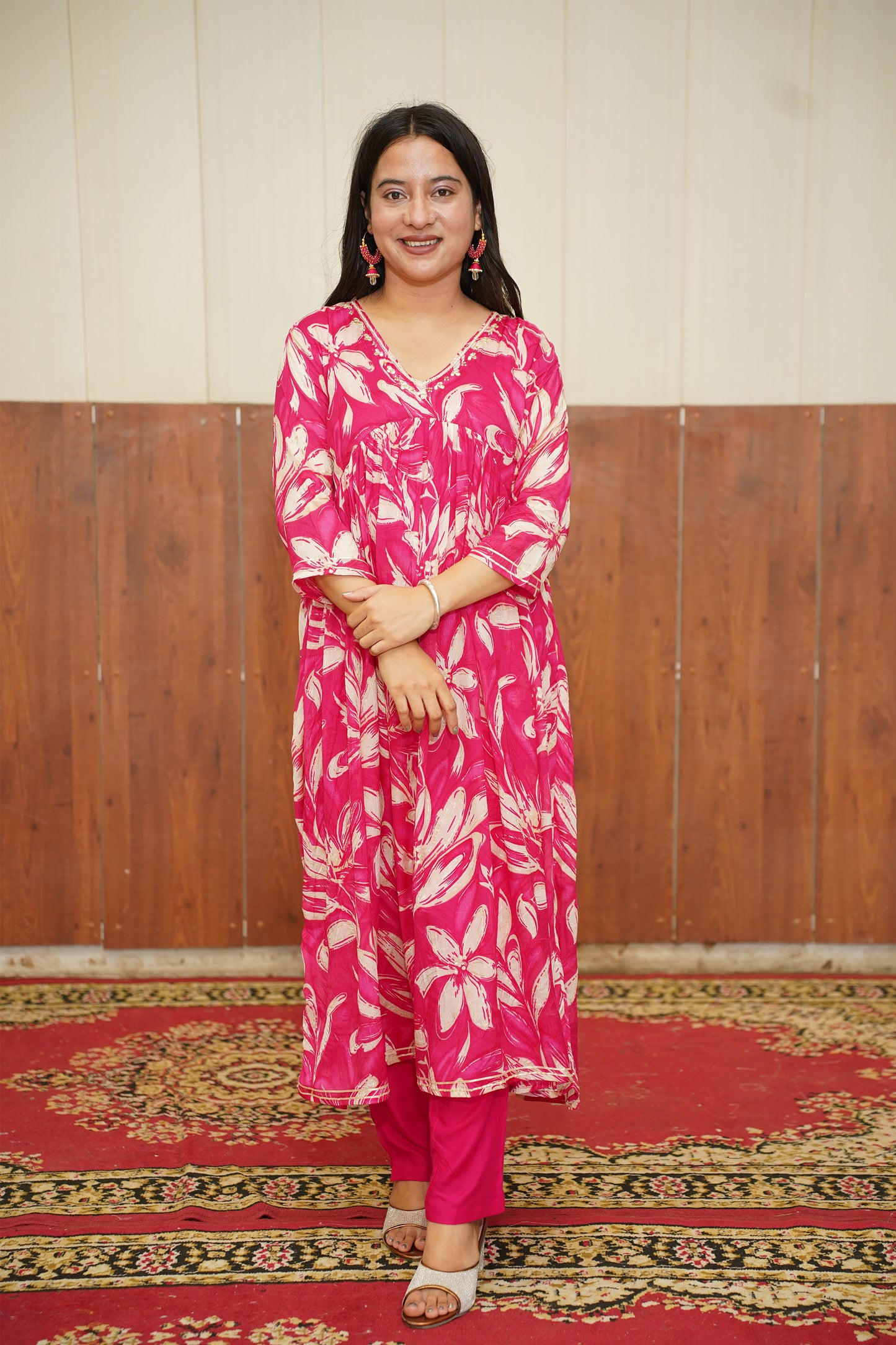 Pink Floral Anarkali Suit Set