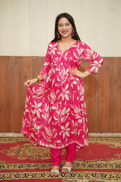 Pink Floral Anarkali Suit Set