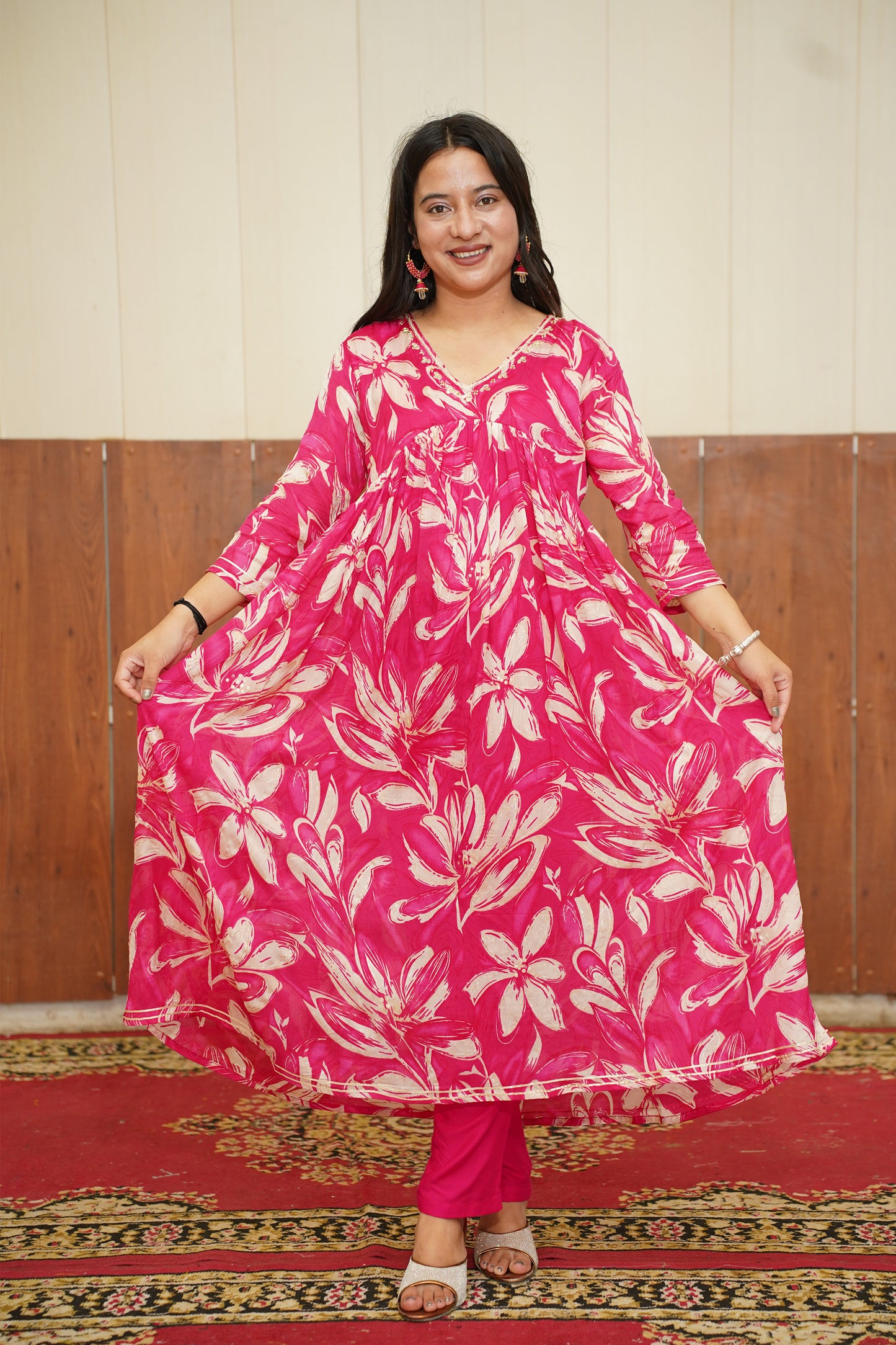 Pink Floral Anarkali Suit Set