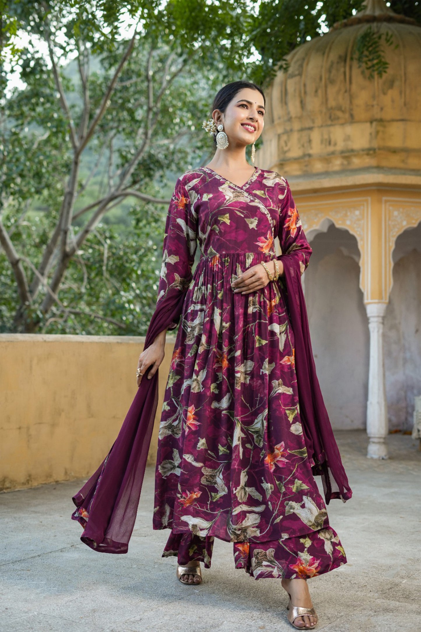 Wine Floral Muslin Anarkali Set