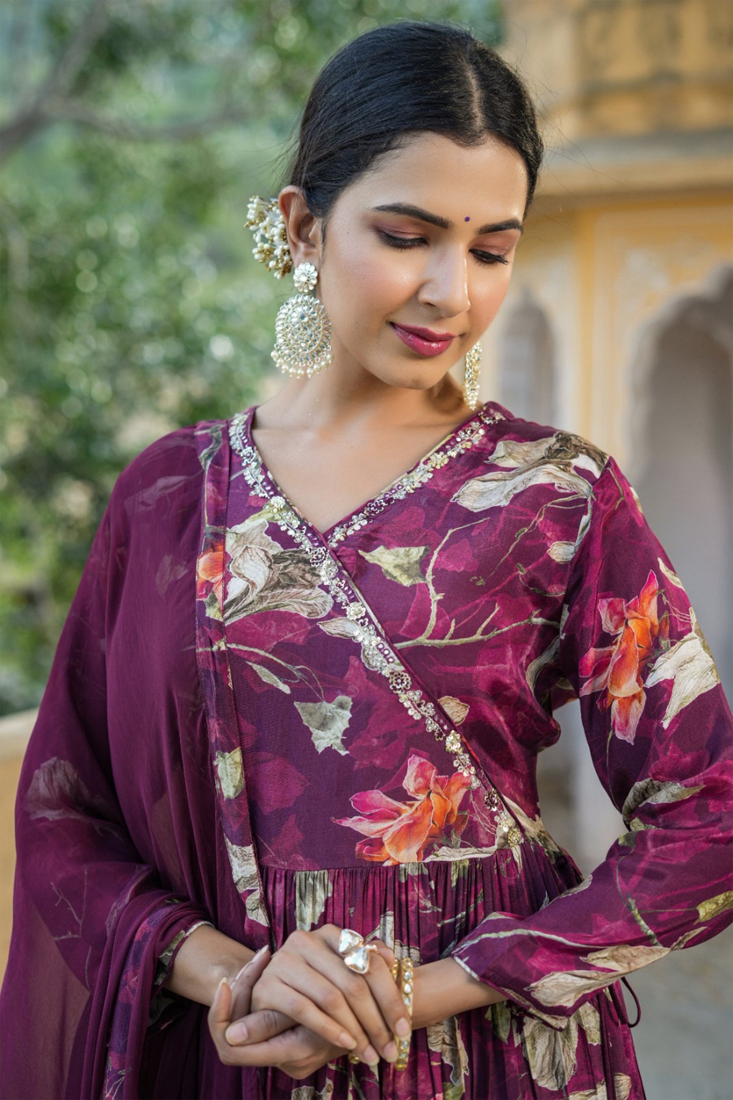 Wine Floral Muslin Anarkali Set