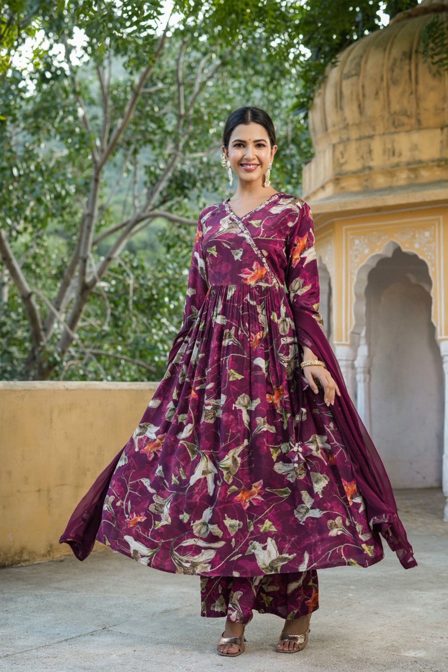 Wine Floral Muslin Anarkali Set