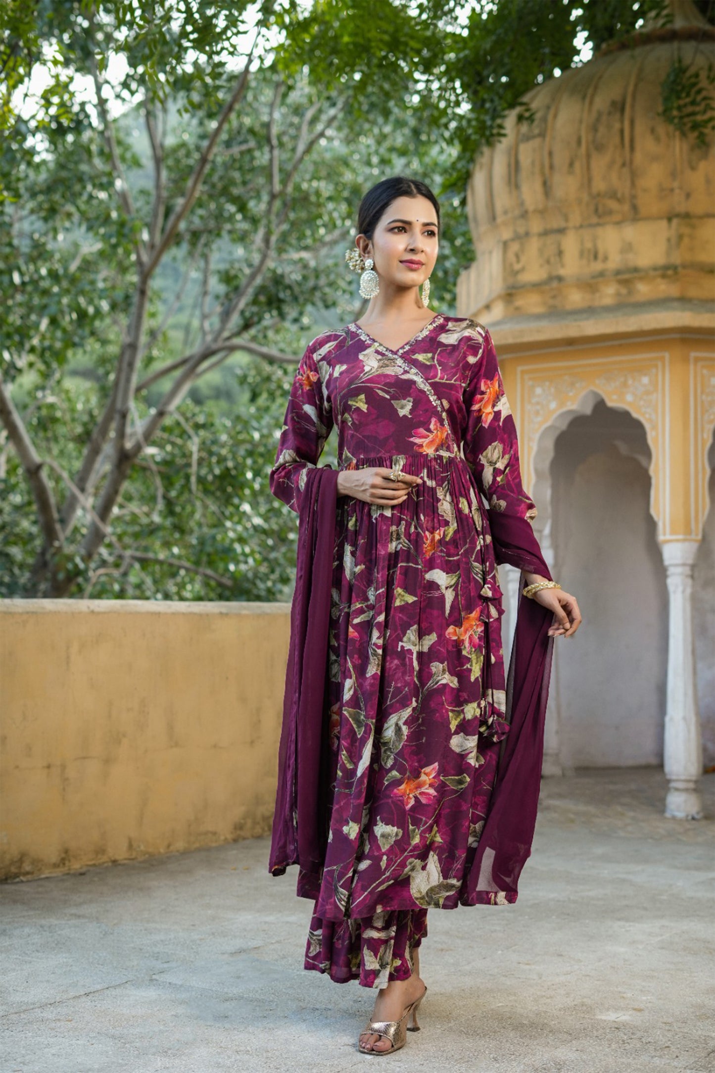 Wine Floral Muslin Anarkali Set