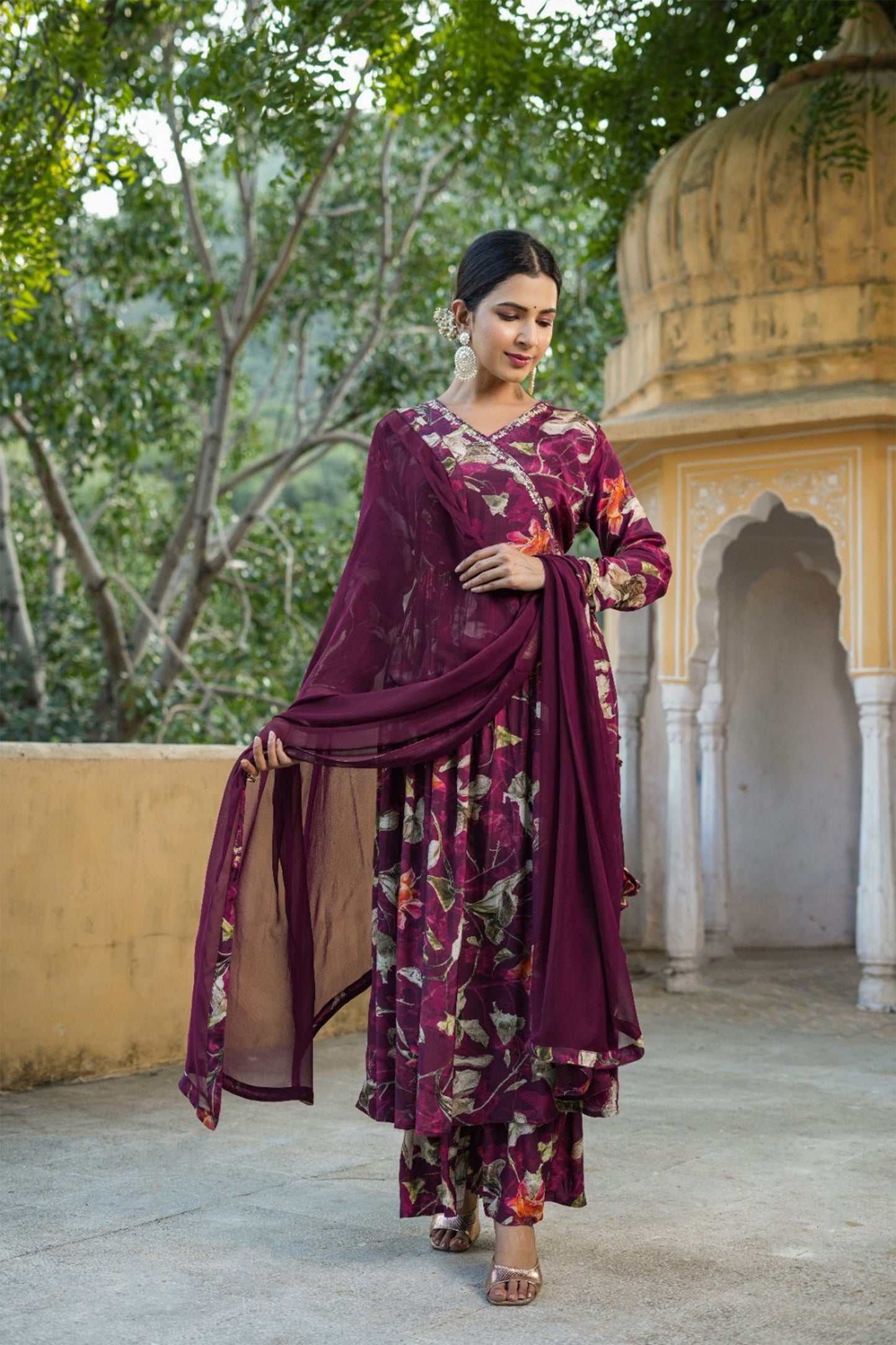 Wine Floral Muslin Anarkali Set