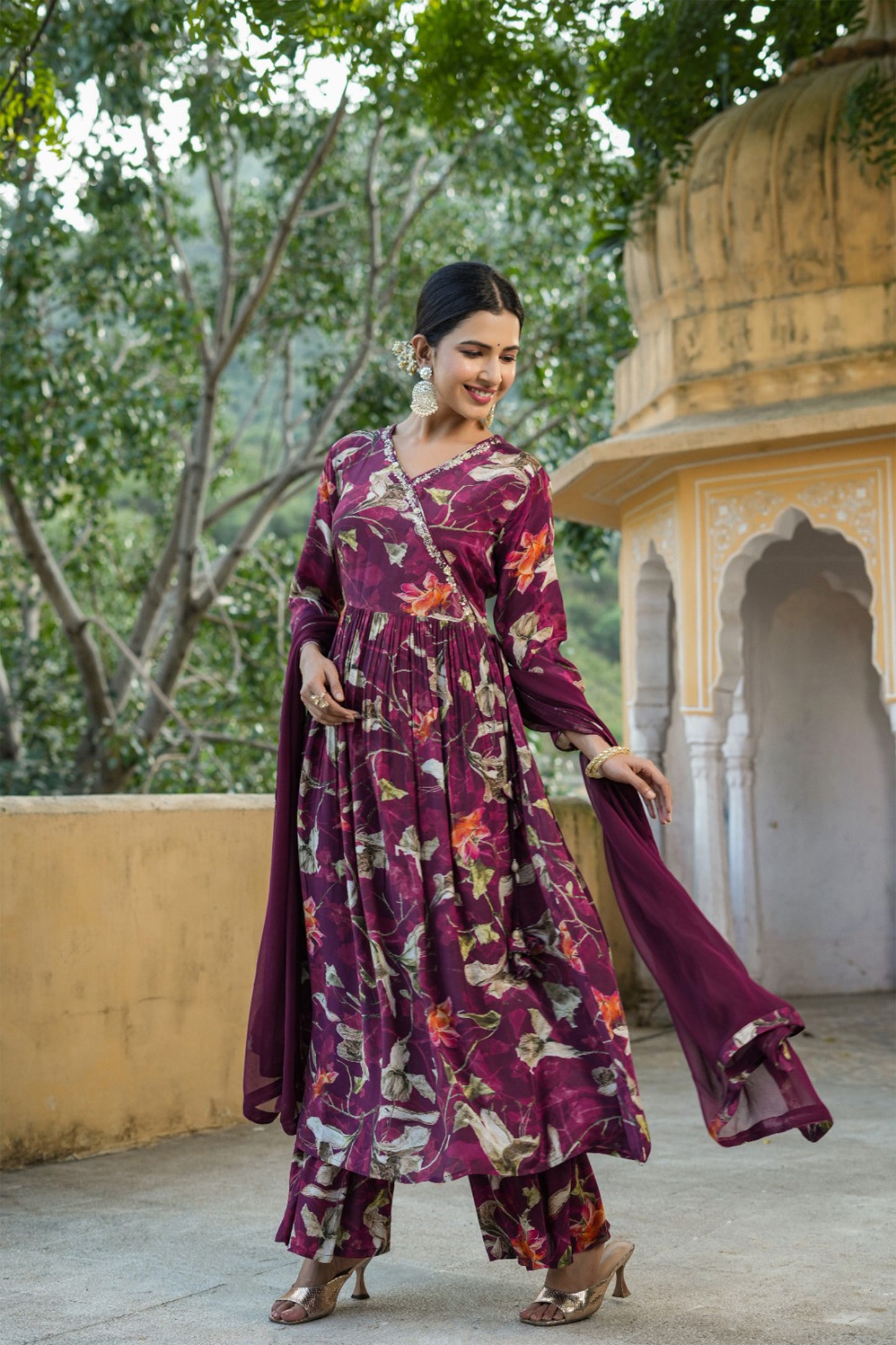 Wine Floral Muslin Anarkali Set