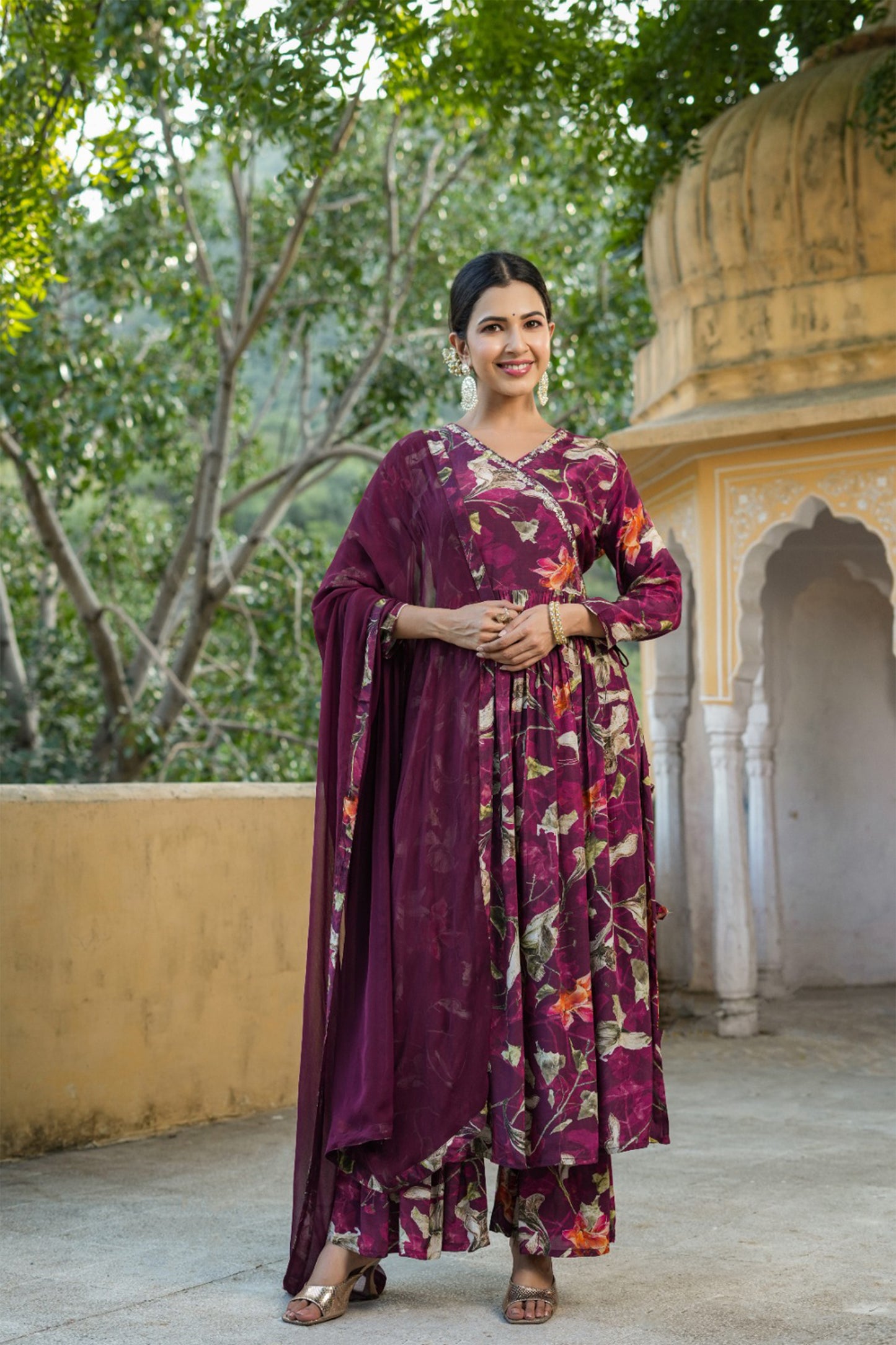 Wine Floral Muslin Anarkali Set