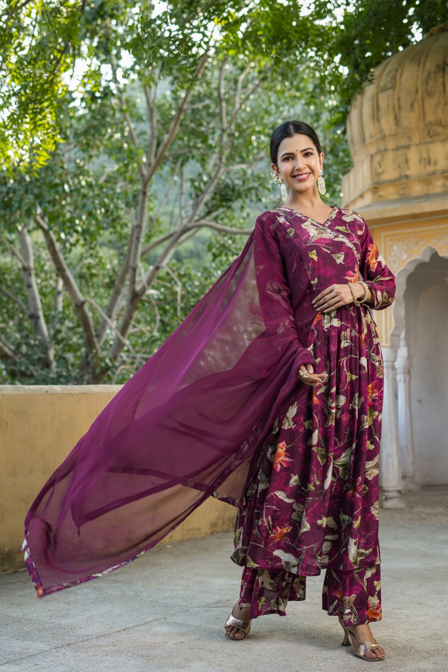 Wine Floral Muslin Anarkali Set