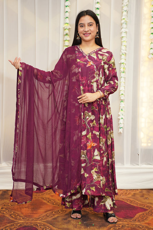 Rosy Wine Muslin Anarkali Set