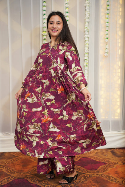 Rosy Wine Muslin Anarkali Set