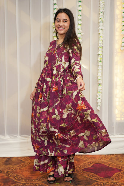 Rosy Wine Muslin Anarkali Set