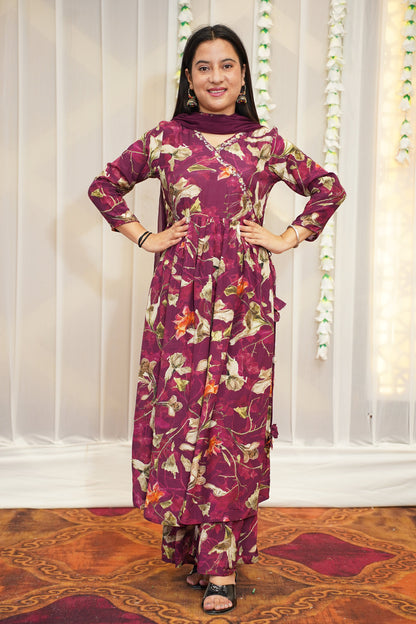 Rosy Wine Muslin Anarkali Set