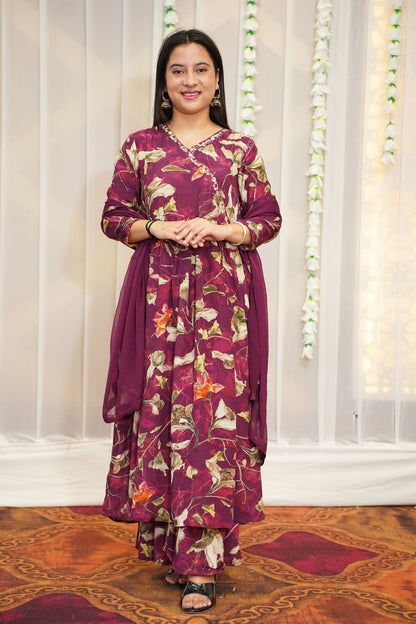 Rosy Wine Muslin Anarkali Set