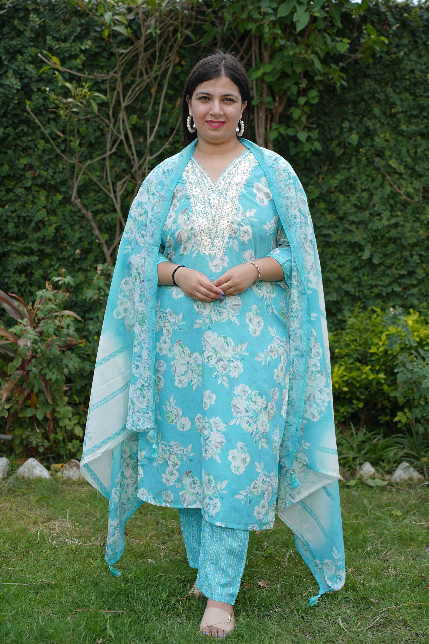 Firozi Floral Sequined Suit Set