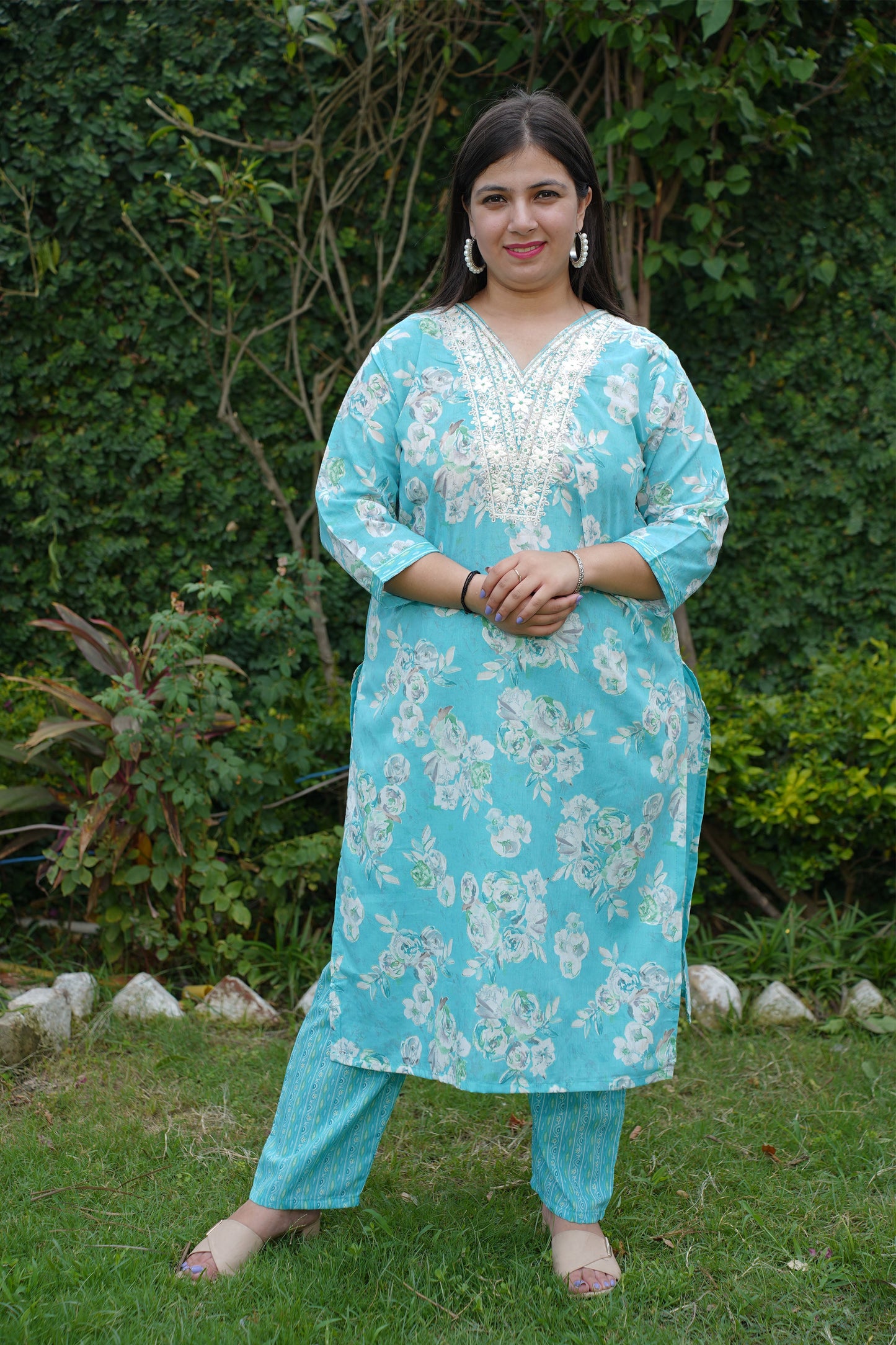 Firozi Floral Sequined Suit Set
