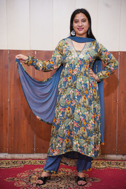 Blue Garden Anarkali Set