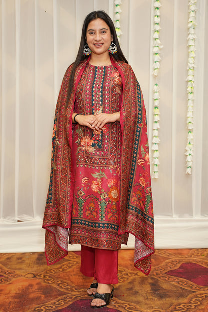 Floral Maroon Muslin Suit Set