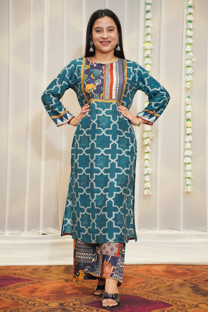 Peacock Blue Printed Kurta Set